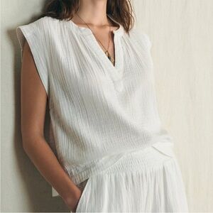 FAHERTY dylan organic cotton gauze cap sleeve blouse white coastal boho size S